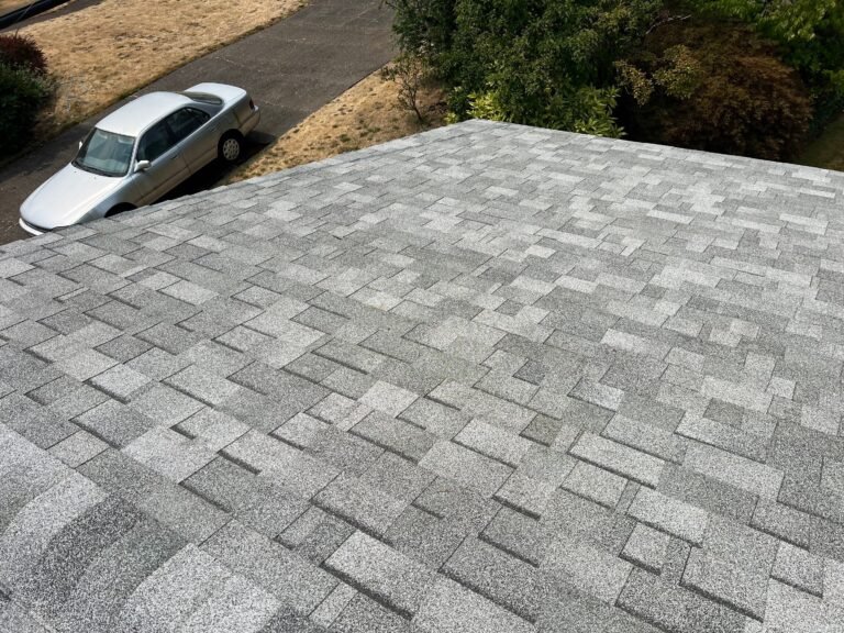 Wide view of a completed gray shingle roof slope above a neighborhood street, with a silver car parked below.