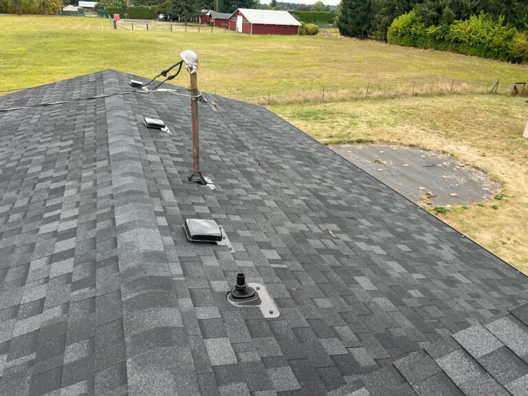 Wide view of a shingled roof slope with several box vents and a plumbing vent pipe, plus a tall antenna mast, over a grassy field.