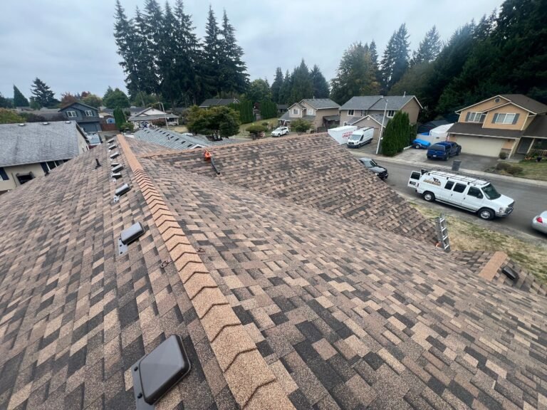 New shingle roof with ridge cap shingles, box vents, and a ladder at the edge, overlooking a neighborhood street with a work van.