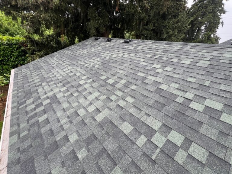 Wide view of the new shingled roof slope with vents along the ridge, with evergreen trees behind.