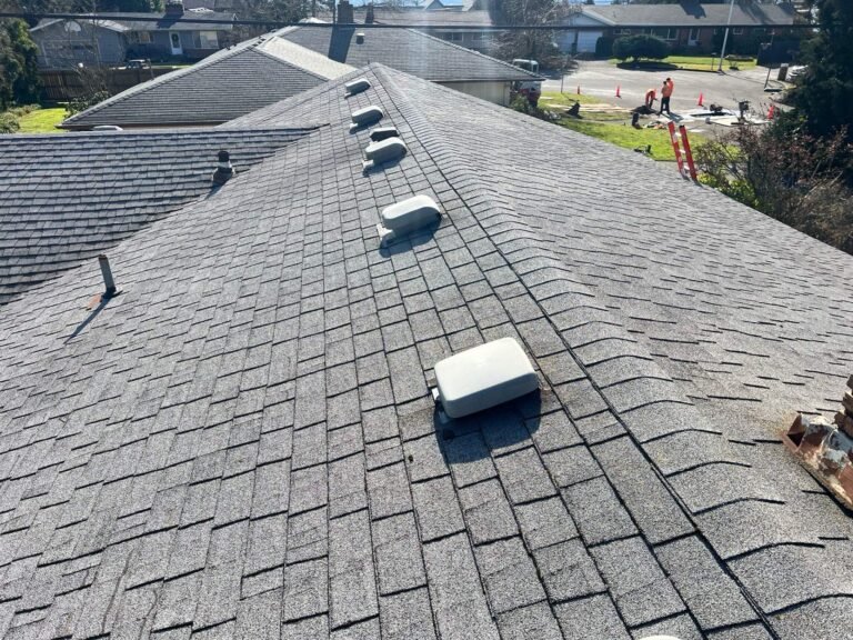 Roof ridge with several white box vents running along it, with neighboring rooftops and a street in the background.