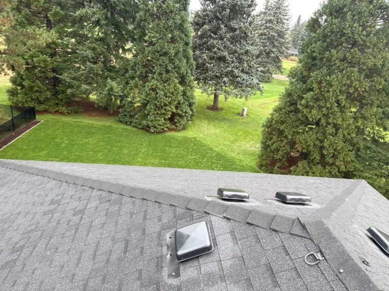 New gray shingle roof with ridge cap and box vents, with a lawn and tall evergreens behind.