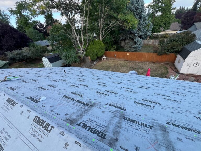 Another view of the underlayment-covered roof slope, with a small vent near the edge and a backyard with trees and a fence below.