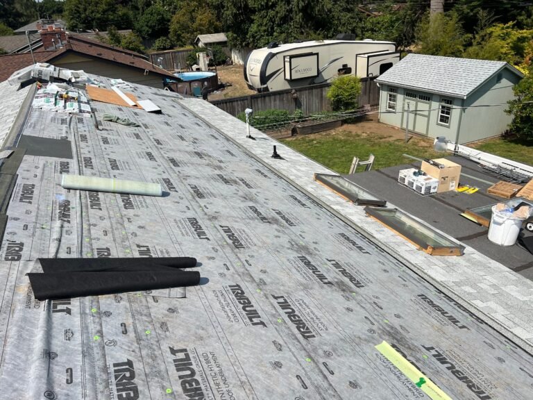 Roof slope stripped to synthetic underlayment, with skylights, roofing materials, and a backyard with an RV and shed below.