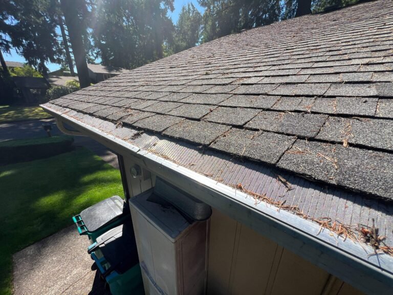 Roof edge with moss-stained, aging shingles, pine needle debris, and a metal gutter over a tan-sided wall, with trees beyond.
