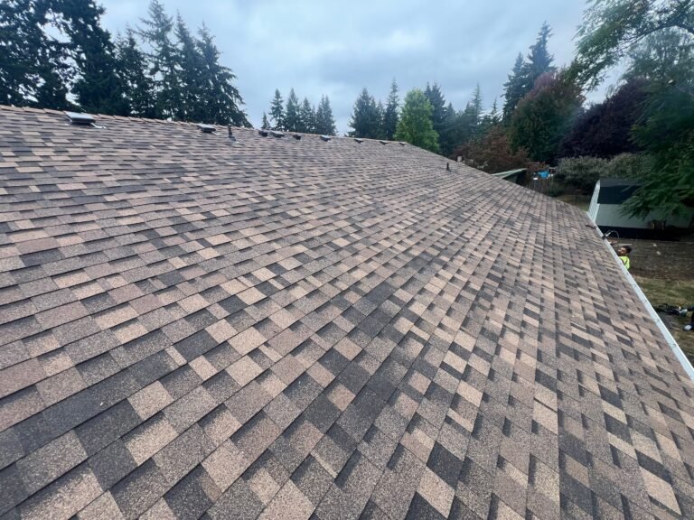 Close-up of new tan and brown architectural shingles on a roof slope, with vents along the ridge and evergreen trees behind.