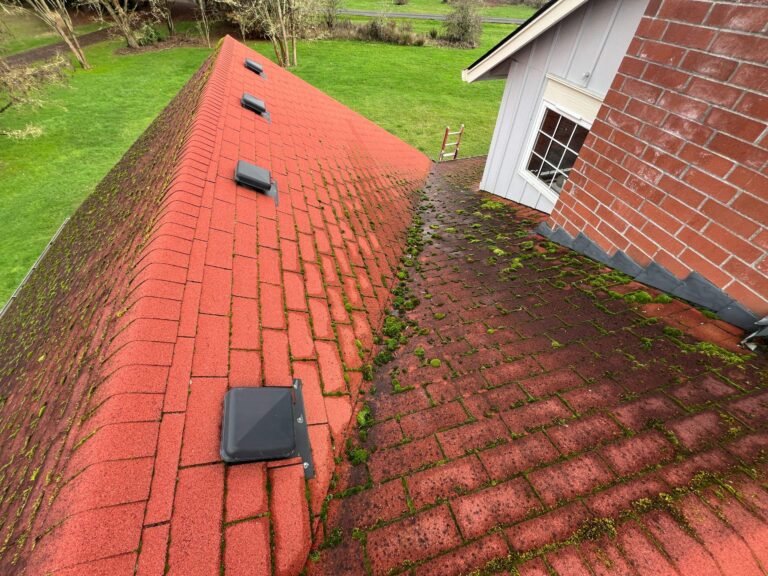 Moss-covered red shingle roof ridge and valley with black box vents, next to a white gable wall and brick chimney, over a green lawn.