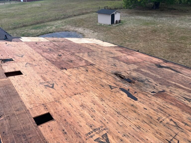 Bare roof decking after the old shingles were torn off, showing exposed plywood with a few damaged spots and a vent opening, above a grassy yard and a small outbuilding.