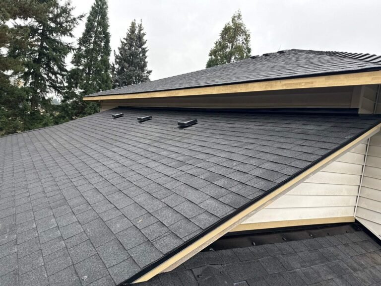 Dark gray shingle roof meeting a raised gable with wood trim and black flashing, with evergreen trees in the background.