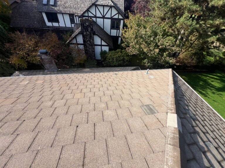 Old tan composition shingle roof with worn, faded shingles, seen from above with a Tudor-style house and trees beyond.