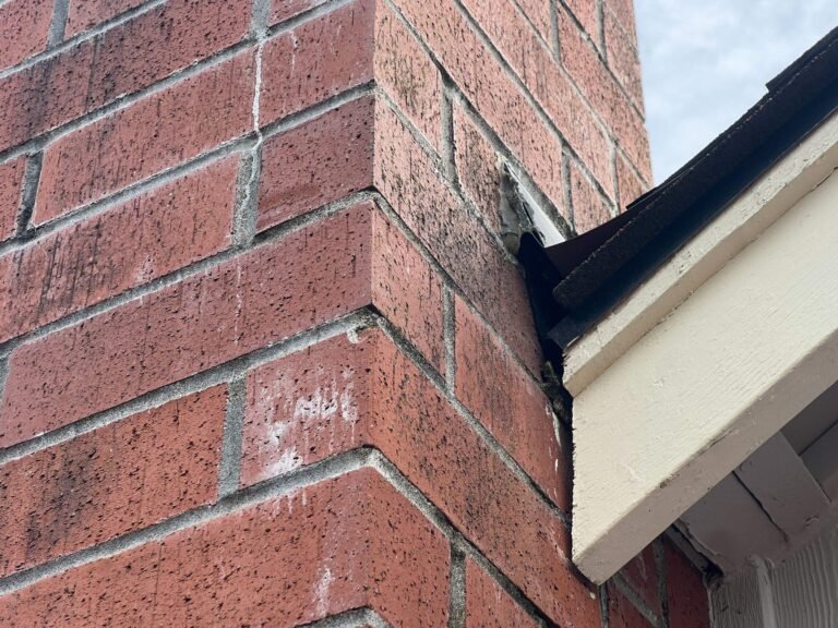 Close-up of the red brick chimney where it meets the roof edge, with weathered mortar and black flashing at the eave.
