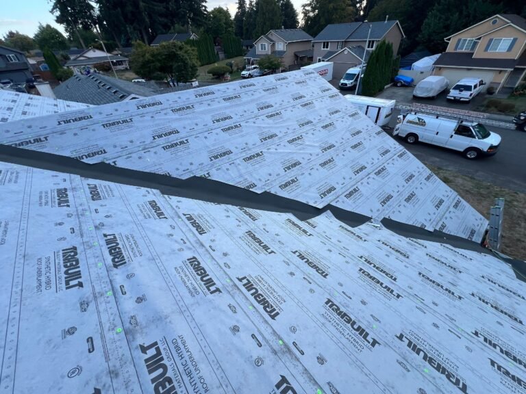 Underlayment-covered roof with a black membrane along the valley, with a white work van parked on the street below.